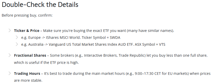 Infographic on double-checking the details before buying an ETF: confirm the ticker and price, understand fractional shares and trade during the main market hours.