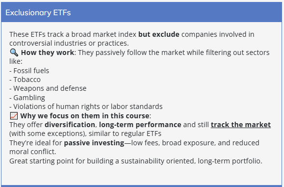 Infographic explaining exclusionary ETFs, which track a broad market index but exclude companies involved in fossil fuels, tobacco, weapons and defence, gambling and human-rights or labour violations.
