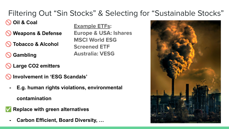 Diagram showing how sustainable ETFs filtering out certain industries, including some sustainable ETF label types