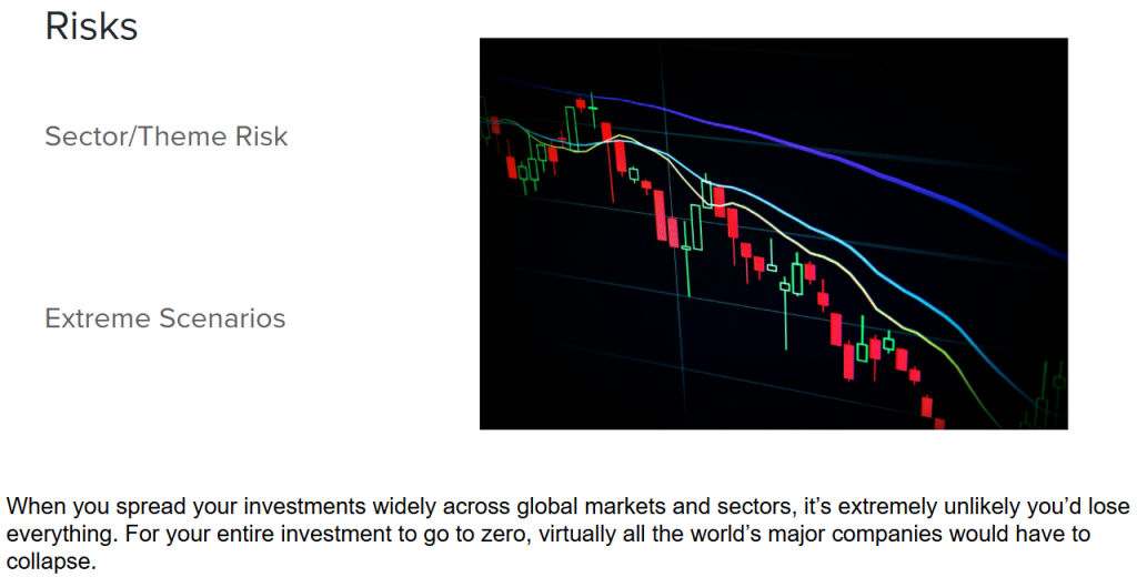 ETF investment risk explained within image, explaining extreme scenarios impacting global markets in short term, while long-term recovery happens