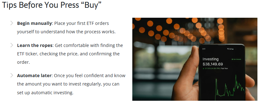 Infographic with tips before you press buy: begin manually to learn the process, learn the ropes of finding the ticker and checking the price, then automate later once confident, shown with an investing app on a phone.