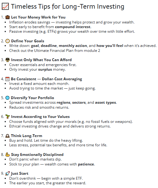 Infographic listing nine timeless tips for long-term investing: make your money work for you, define your goals, invest only what you can afford, stay consistent with dollar-cost averaging, diversify your portfolio, invest according to your values, think long term, stay emotionally disciplined and just start.